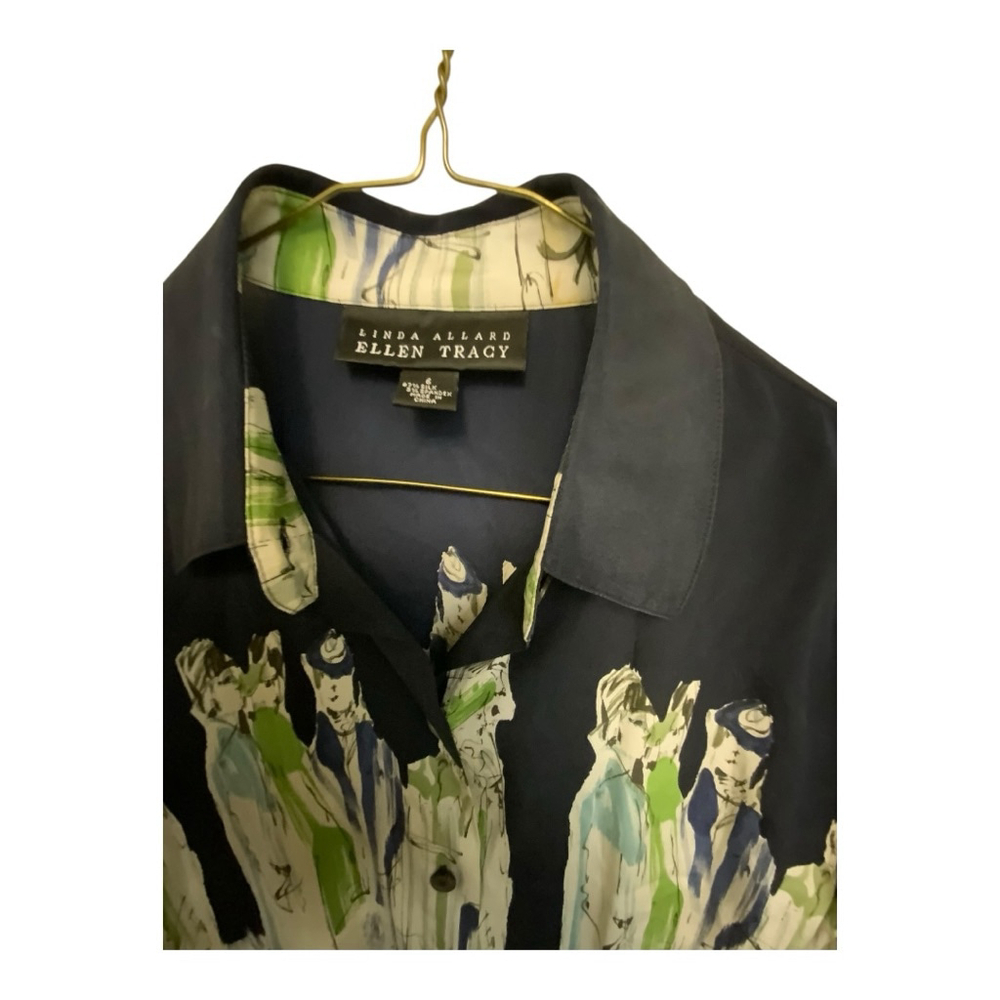 Ellen Tracy Silk Navy White Abstract Print Button Down Size 6 - Picture 3 of 7